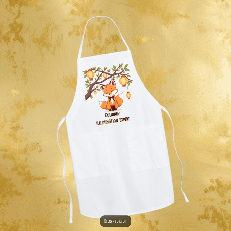 Funny Apron depicting a playful fox cub hanging delicate lanterns, adding humorous magic to kitchen tasks.