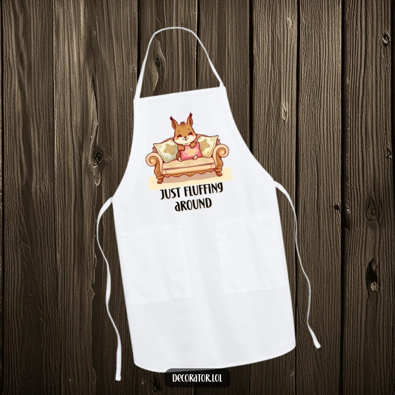 Funny Apron showing a cheerful squirrel arranging sofa cushions, a humorous take on domestic tasks and kitchen style.