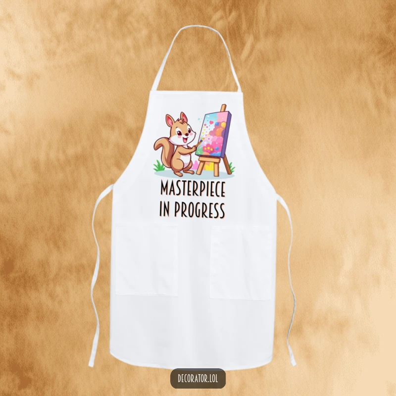 Funny Squirrel Apron: A cheerful character painting a vibrant mural on a large, colorful canvas, ready for artistic endeavors.