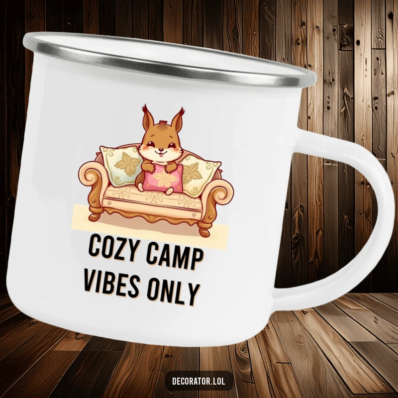 Funny Camping Mug featuring a cheerful squirrel arranging sofa cushions, bringing cozy home humor to outdoor settings.