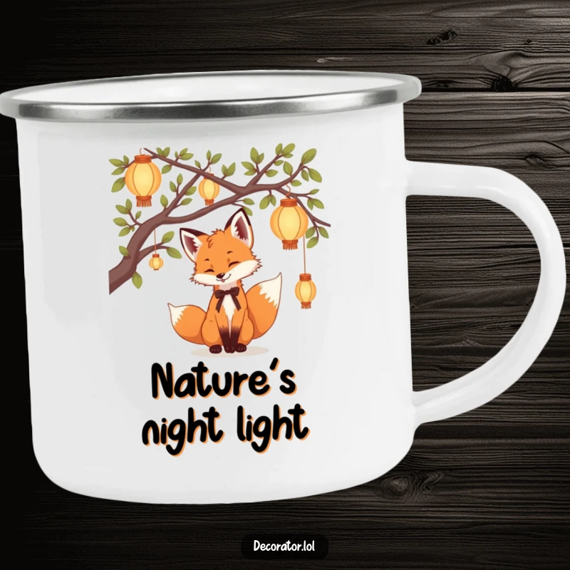 Funny Camping Mug featuring a playful fox cub hanging delicate lanterns, bringing humorous magic to outdoor settings.