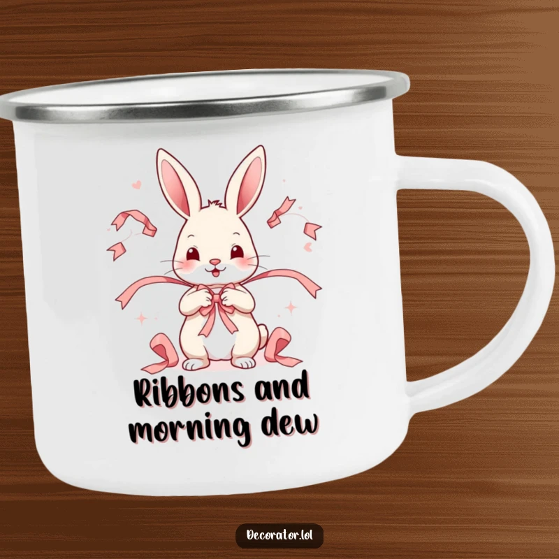 Funny camping mug with a playful rabbit character expertly arranging decorative ribbons in a whimsical pattern.