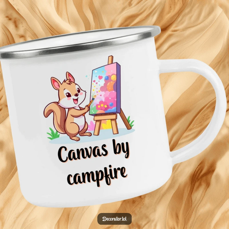 Funny Squirrel Camping Mug: A cheerful character painting a vibrant mural on a large, colorful canvas, perfect for outdoor creativity.