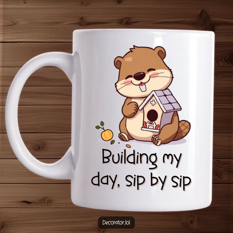 Funny mug featuring a diligent beaver character meticulously crafting a miniature, ornate birdhouse with focus and skill.