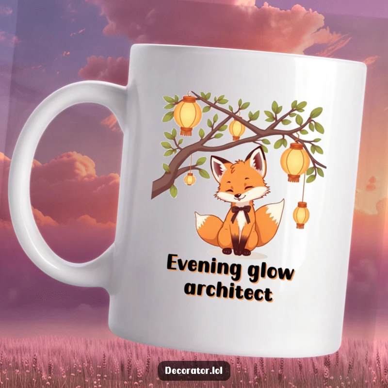 Funny Mug depicting a playful fox cub carefully hanging delicate lanterns from tree branches, creating a magical, whimsical scene.