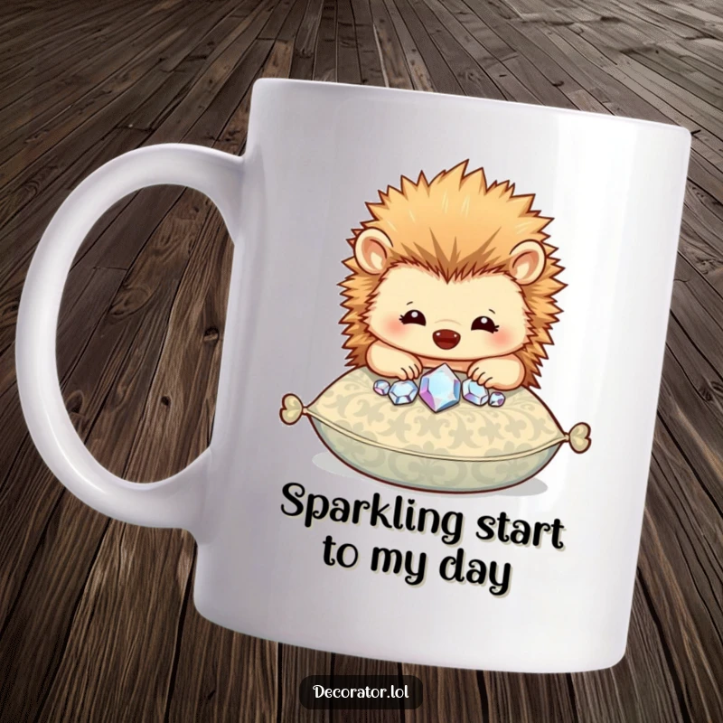 Funny mug featuring a happy hedgehog character carefully placing sparkly gems onto a patterned cushion with delight.