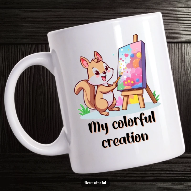 Funny Squirrel Mug: A cheerful character painting a vibrant mural on a large, colorful canvas, embodying artistic passion and joy.
