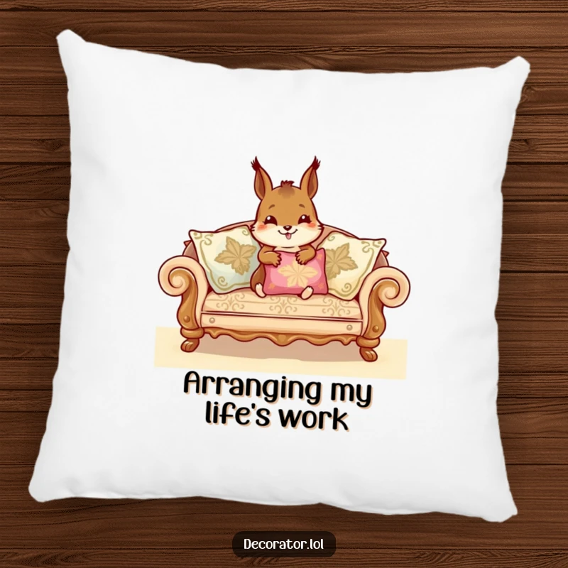 Funny Pillow featuring a cheerful squirrel skillfully arranging decorative cushions on a sofa, adding a humorous and cozy touch to home furnishings.