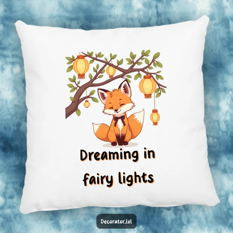Funny Pillow with a playful fox cub hanging delicate lanterns on tree branches, adding a touch of humorous enchantment to decor.
