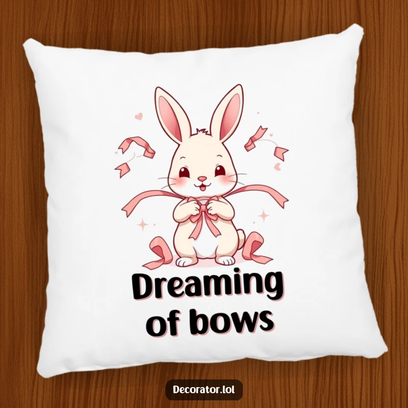 Funny pillow with a playful rabbit character expertly arranging decorative ribbons in a whimsical and cheerful pattern.