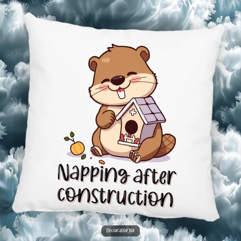 Funny pillow with a diligent beaver character meticulously crafting a miniature, ornate birdhouse.