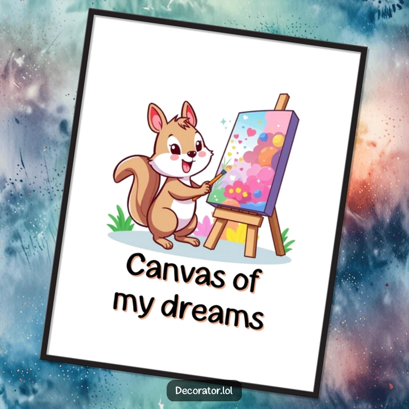 Funny Squirrel Digital Art Print: A cheerful character painting a vibrant mural on a large, colorful canvas, perfect for vibrant decor.