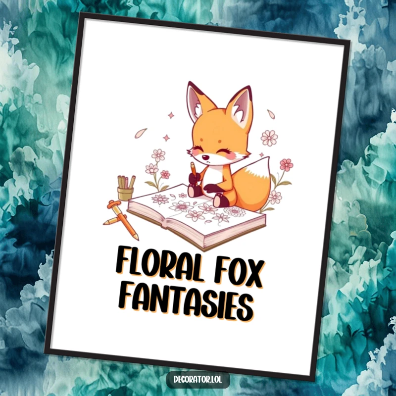 Funny digital art print of a curious fox character sketching intricate floral designs in a sketchbook.
