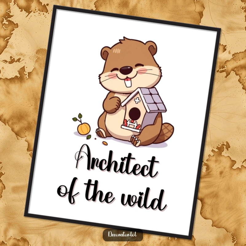 Funny digital art print of a diligent beaver character meticulously crafting a miniature, ornate birdhouse.
