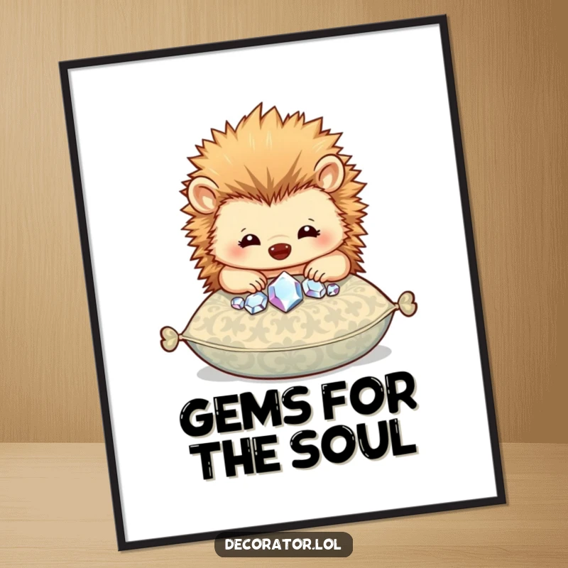 Funny digital art print of a happy hedgehog character carefully placing sparkly gems onto a patterned cushion.