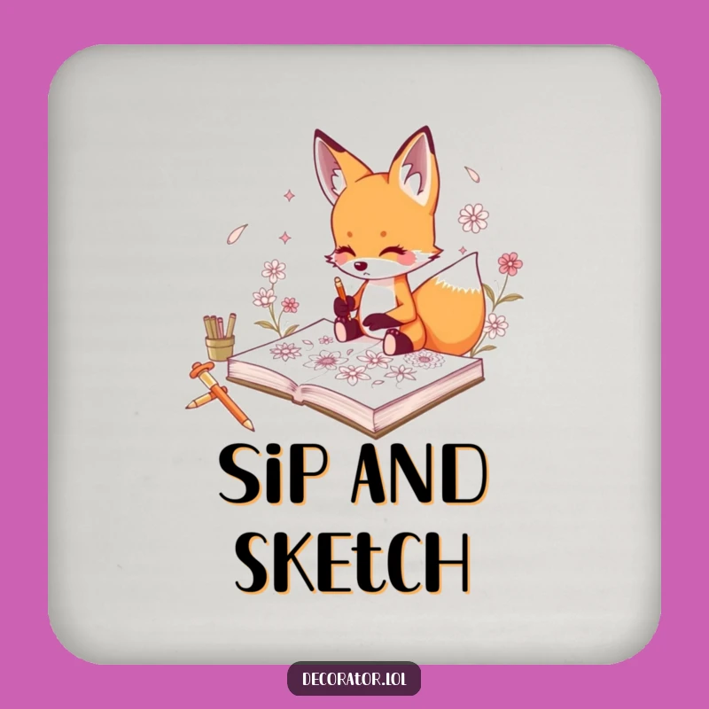 Funny Fox Floral Sketch Coaster Set: Art Lover Gift!