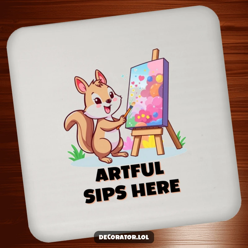 Funny Squirrel Coaster: A cheerful character painting a vibrant mural on a large, colorful canvas, protecting surfaces with charm.