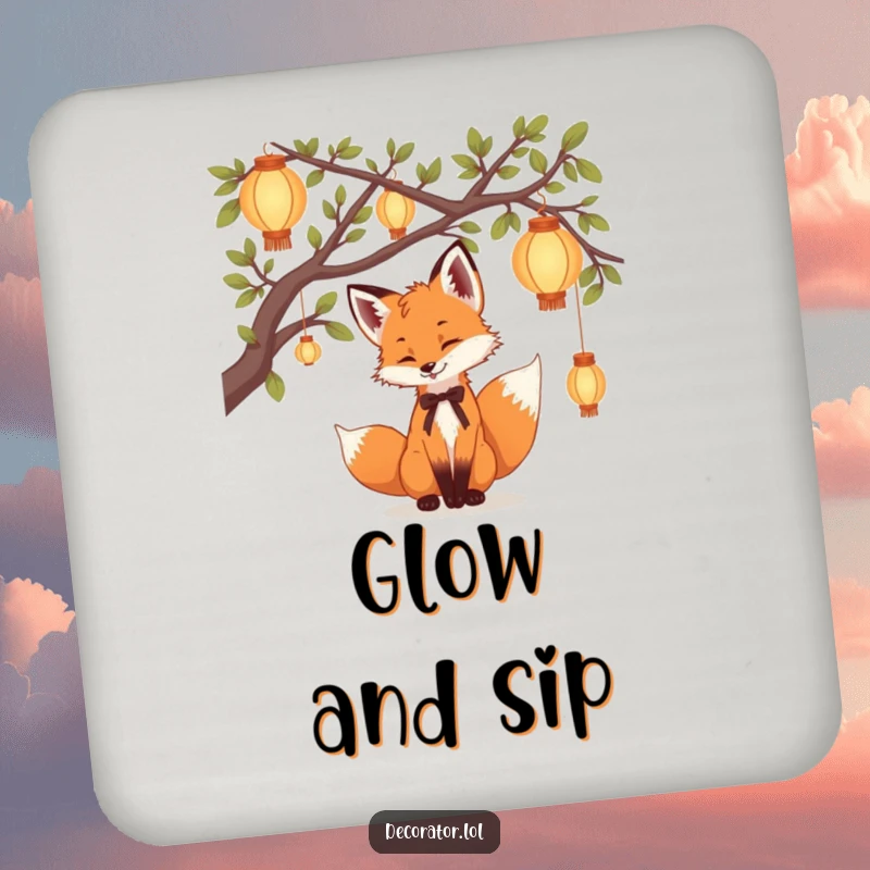 Funny Coasters showing a playful fox cub hanging delicate lanterns, adding humorous enchantment to table settings.