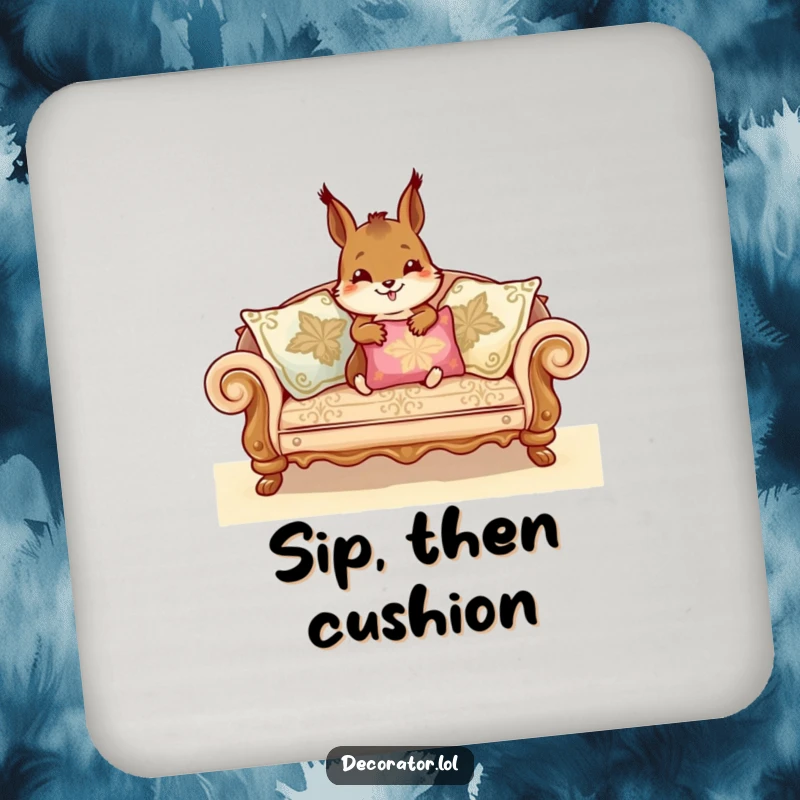 Funny Coasters showcasing a cheerful squirrel arranging sofa cushions, providing humorous protection for tables.