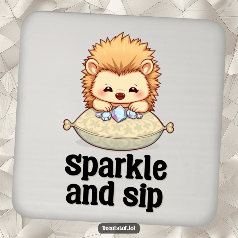Funny drink coasters featuring a happy hedgehog character carefully placing sparkly gems onto a patterned cushion.