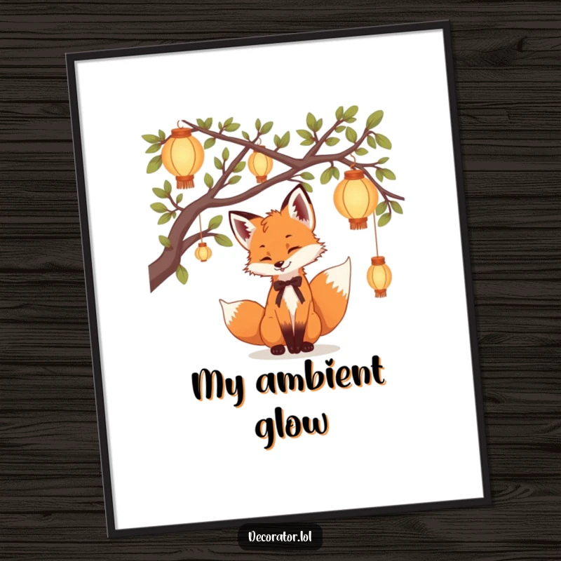 Funny Poster capturing a playful fox cub hanging delicate lanterns from tree branches, creating a humorous and enchanting night scene.