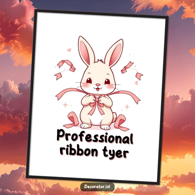 Funny poster showcasing a playful rabbit character expertly arranging decorative ribbons in a whimsical and charming pattern.