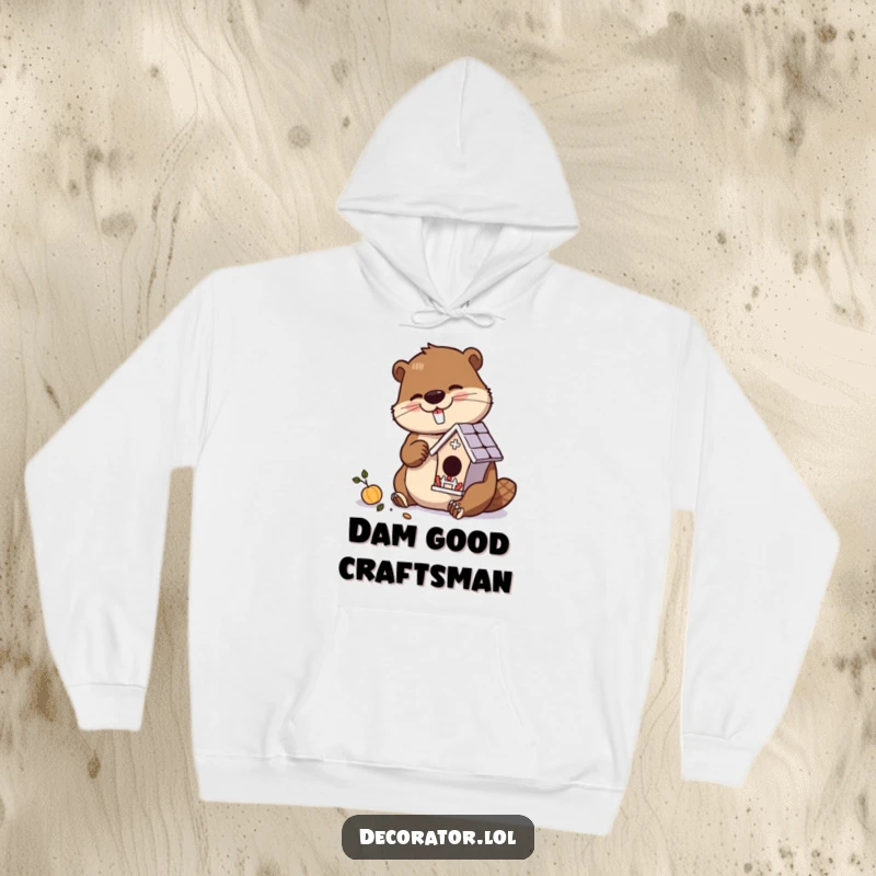 Funny hoodie featuring a diligent beaver character meticulously crafting a miniature, ornate birdhouse with precision.