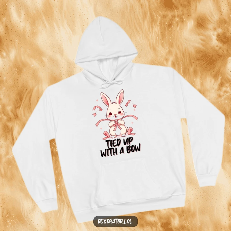 Funny hoodie depicting a joyful rabbit character expertly arranging decorative ribbons in a whimsical and delightful pattern.