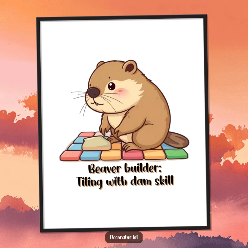 Funny Free Printable Wall Art: A busy beaver meticulously placing colorful tiles on a floor, humorous and detailed decor.