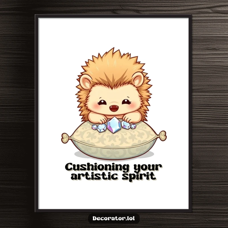 Funny Free Printable Wall Art showing a joyful hedgehog meticulously placing shiny, colorful gems onto a patterned cushion with care.