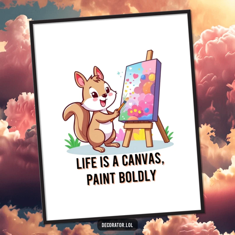 Funny Free Printable Wall Art: A cheerful squirrel character painting a large, vibrant mural on a colorful canvas.