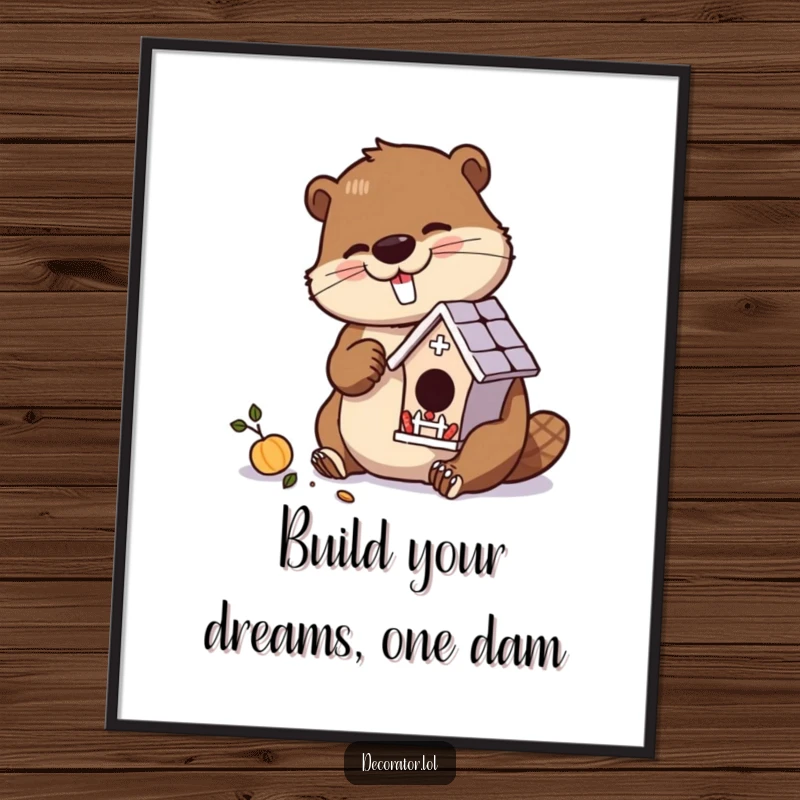 Funny Free Printable Wall Art capturing a busy beaver meticulously constructing a charming, miniature, ornate birdhouse with great skill.