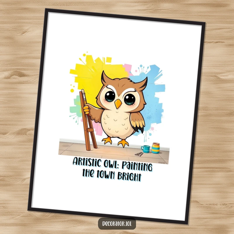 Funny Free Printable Wall Art: A happy owl character joyfully painting a large, vibrant mural on a blank wall, artistic decor.