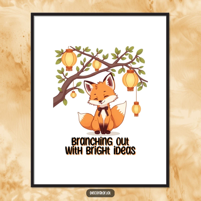 Funny Free Printable Wall Art: A playful fox cub carefully hangs delicate, glowing lanterns from tree branches, creating a gentle, inviting scene.