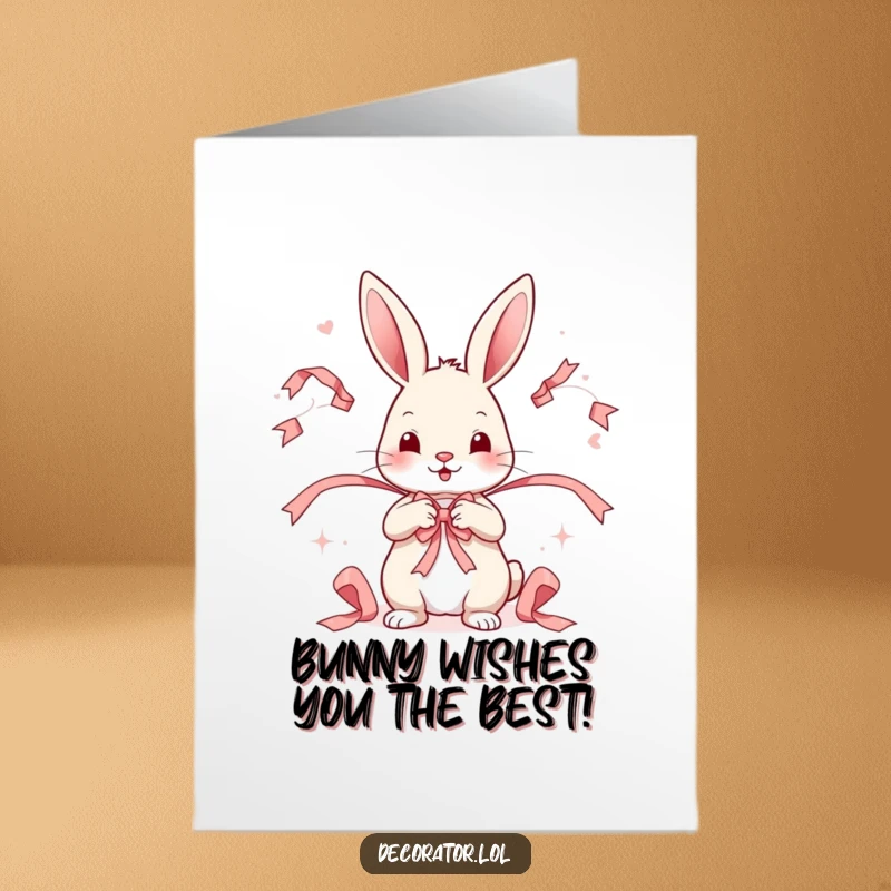 Funny Free Printable Birthday Card featuring a rabbit artist skillfully arranging colorful ribbons with a playful expression.