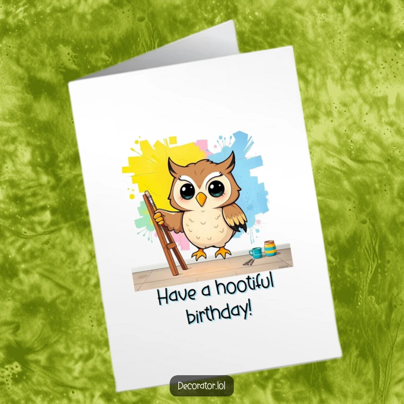 Funny Free Printable Birthday Card: Happy owl artistically painting a vibrant mural on a blank wall, a creative birthday wish.