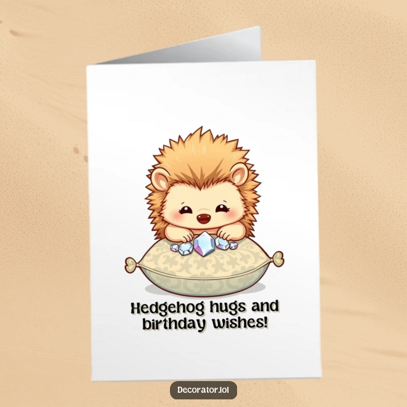 Funny Free Printable Birthday Card featuring a happy hedgehog carefully adorning a cushion with glittering, colorful gems.