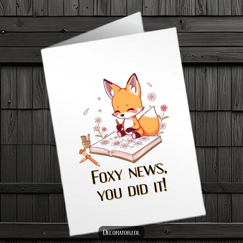 Funny Free Printable Congratulations Card featuring a curious fox artistically sketching delicate floral patterns in a notebook. A true talent.