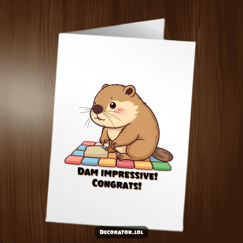 Funny Free Printable Congrats Card: Busy beaver meticulously arranging colorful floor tiles, celebrating achievements with detail.