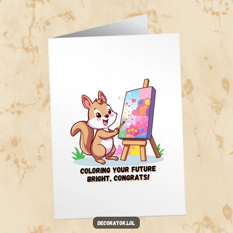 Funny Free Printable Congratulations Card: A cheerful squirrel character painting a colorful mural, celebrating a brilliant achievement.