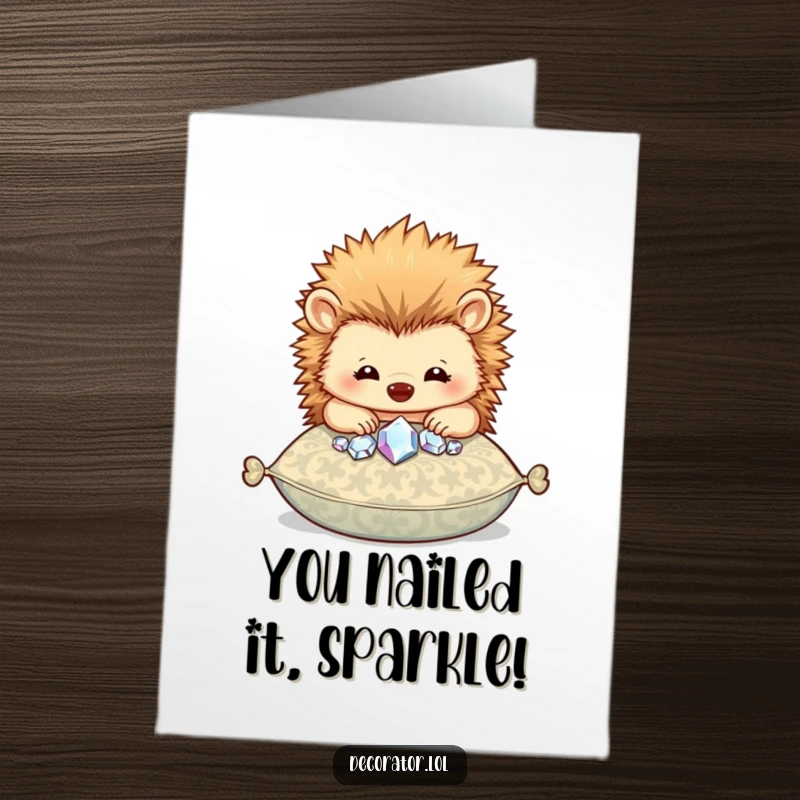 Funny Free Printable Congratulations Card showing a happy hedgehog meticulously placing shiny gems onto a patterned cushion with care.
