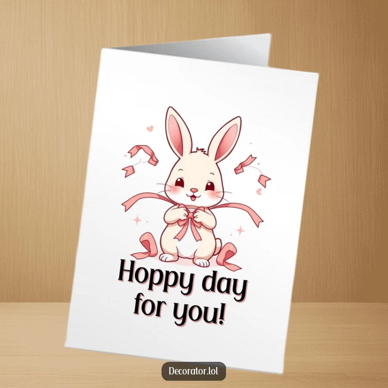 Funny Free Printable Congratulations Card showing a rabbit artist delicately placing ribbons with artistic flair. A unique greeting.