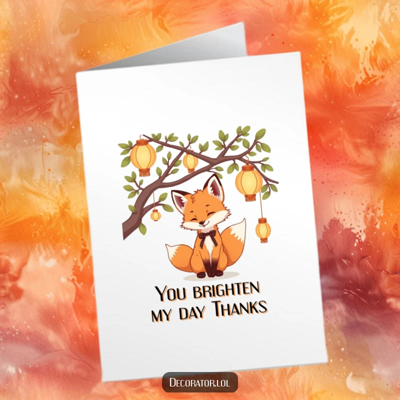 Funny Free Printable Thank You Card: A playful fox cub carefully arranges delicate lanterns on tree branches, symbolizing warmth and appreciation.
