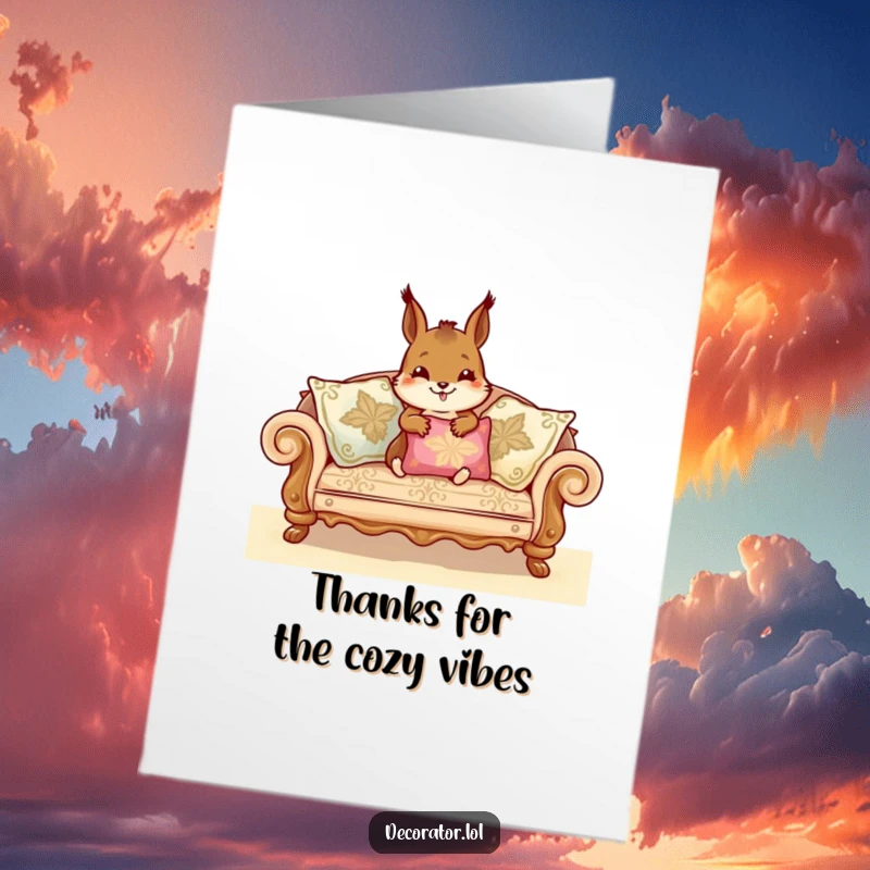 Funny Free Printable Thank You Card: Cheerful squirrel proudly arranging decorative sofa cushions, a true master of comfort.