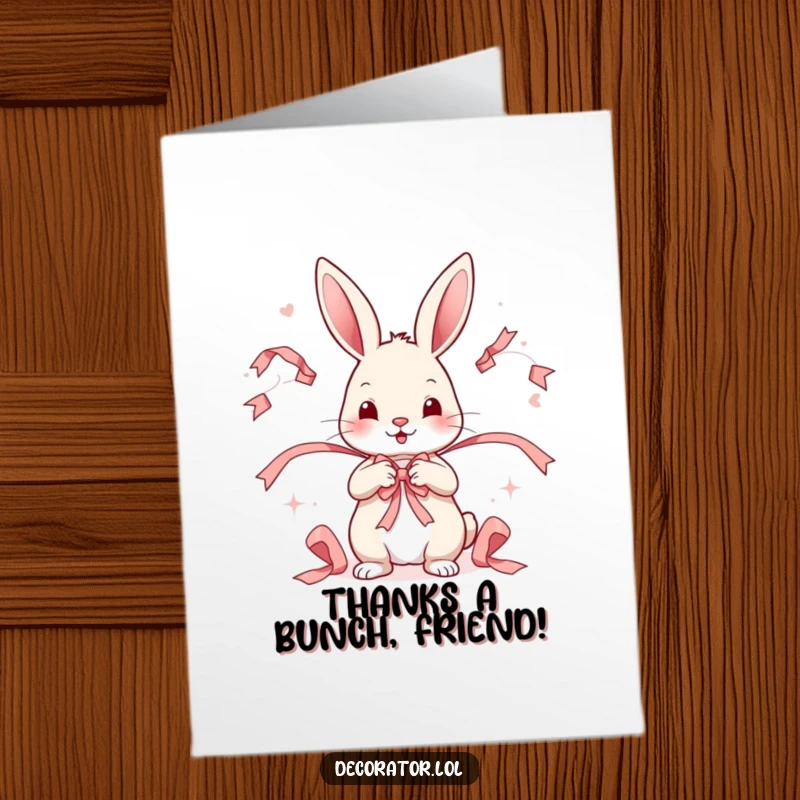 Funny Free Printable Thank You Card with a rabbit artist meticulously arranging ribbons, adding a touch of playful charm.