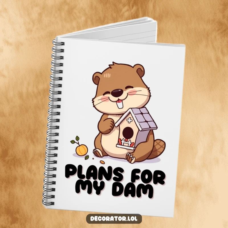 Funny notebook featuring a diligent beaver character meticulously crafting a miniature, ornate birdhouse.
