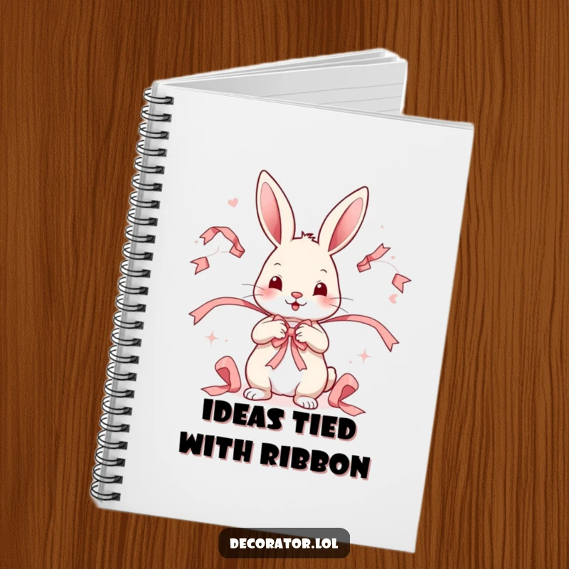 Funny notebook featuring a playful rabbit character expertly arranging decorative ribbons in a whimsical, creative pattern.