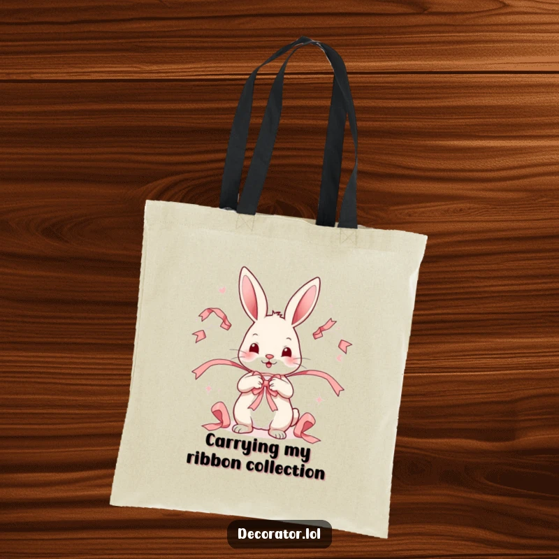 Funny tote bag featuring a playful rabbit character expertly arranging decorative ribbons in a whimsical, artistic pattern.